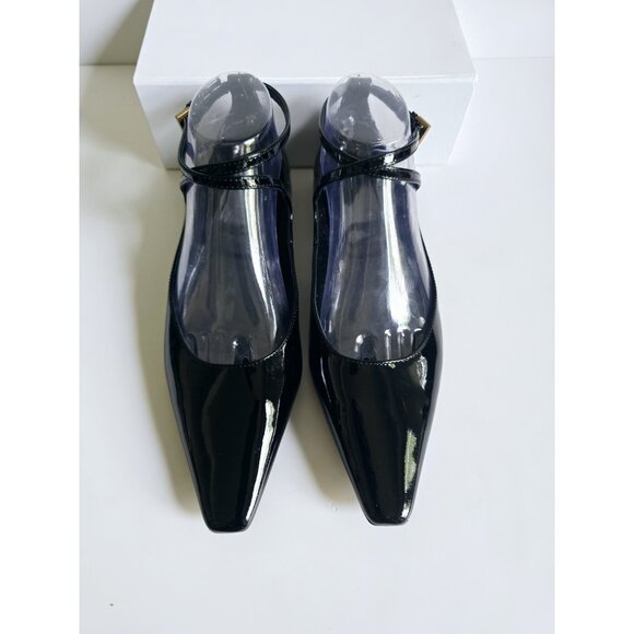 Massimo Dutti Patent Leather Black Ballet Flats Buckle Strappy Pointed Toe 39 8 - Picture 7 of 14